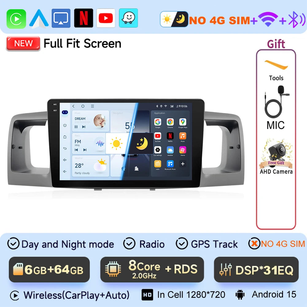 JIUYIN 9“ Android 15 Car Radio Stereo For Toyota Corolla E120 E130 2007-2012 Multimedia Player Navigation GPS Wireless Carplay