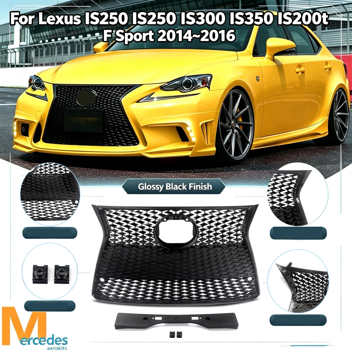 Front Bumper Centre Grill For Lexus IS250 IS300 IS350 IS200t F Sport 2014~2016 Honeycomb Mesh Upper Racing Grill Gloss Black ABS