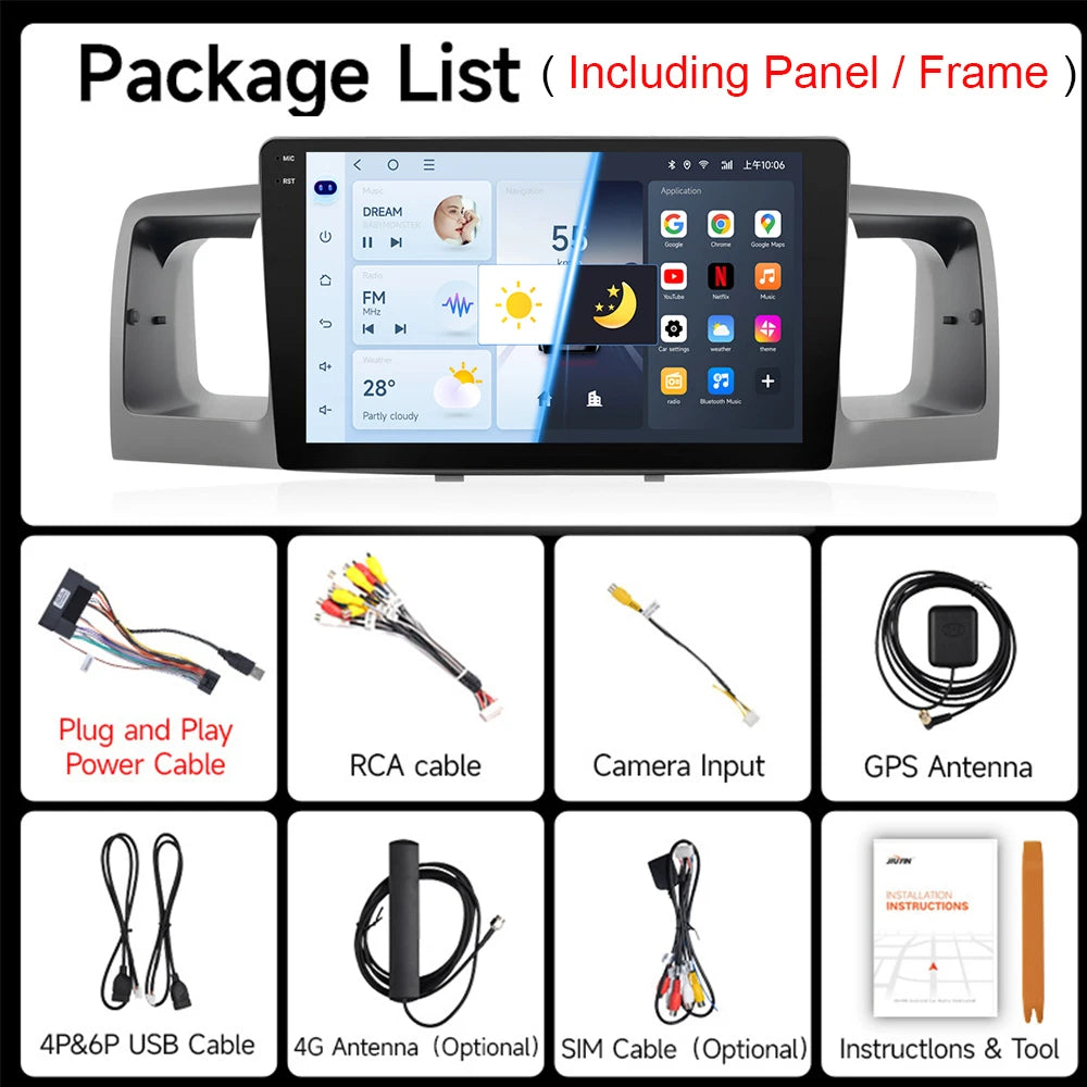 JIUYIN 9“ Android 15 Car Radio Stereo For Toyota Corolla E120 E130 2007-2012 Multimedia Player Navigation GPS Wireless Carplay