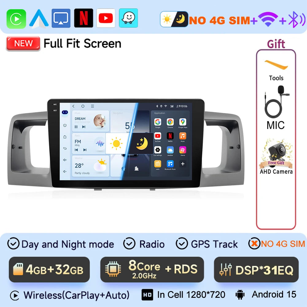 JIUYIN 9“ Android 15 Car Radio Stereo For Toyota Corolla E120 E130 2007-2012 Multimedia Player Navigation GPS Wireless Carplay