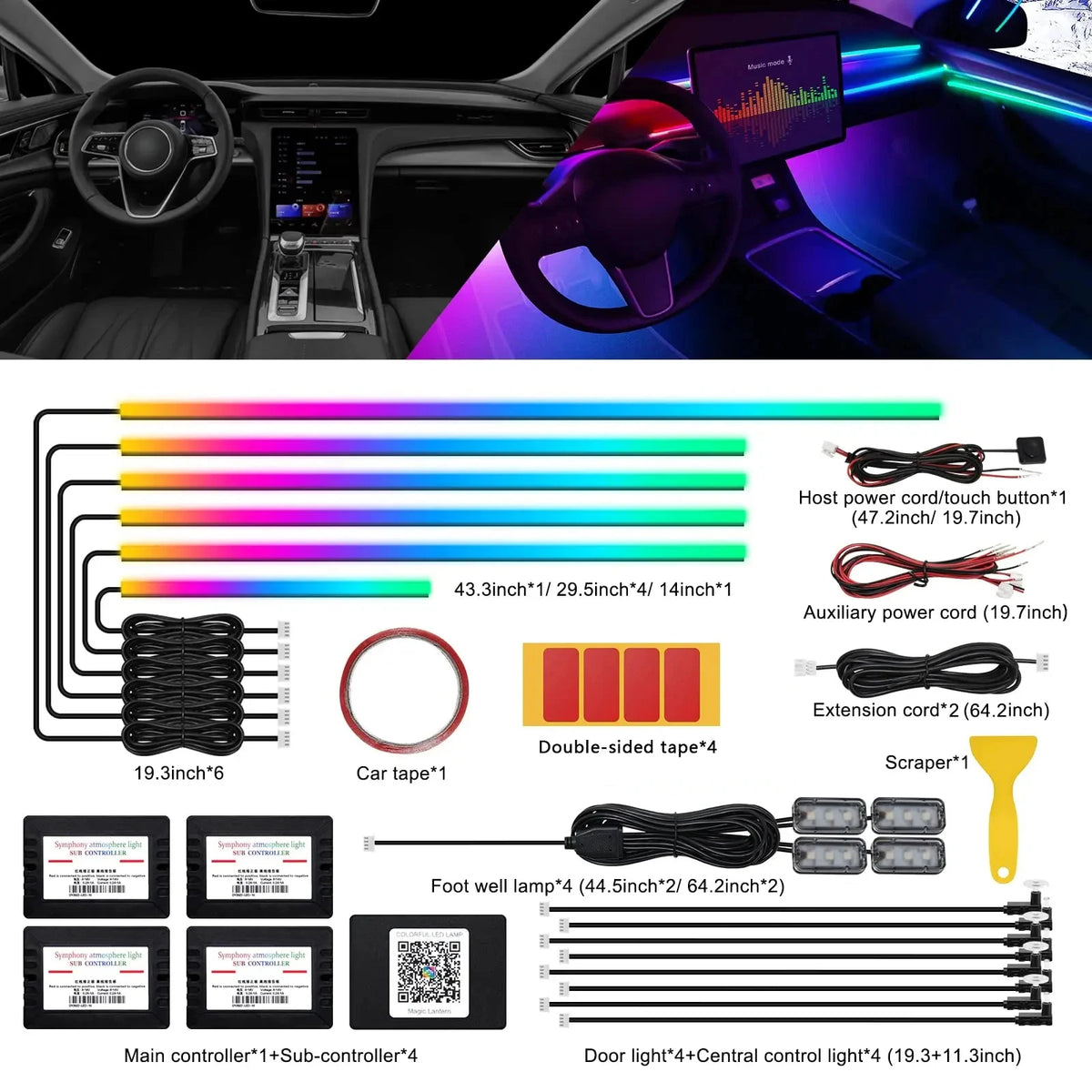 10/14/18 in 1 Led Car Ambient Lights 213 64 Color RGB Symphony Streamer Bluetooth Rainbow Acrylic Strips Atmosphere Lamp Kit 12V
