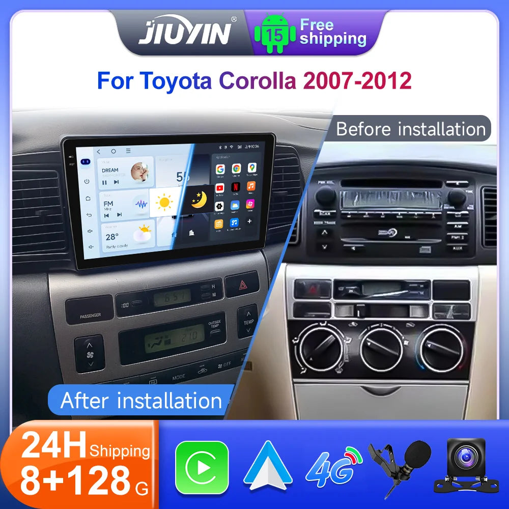 JIUYIN 9“ Android 15 Car Radio Stereo For Toyota Corolla E120 E130 2007-2012 Multimedia Player Navigation GPS Wireless Carplay