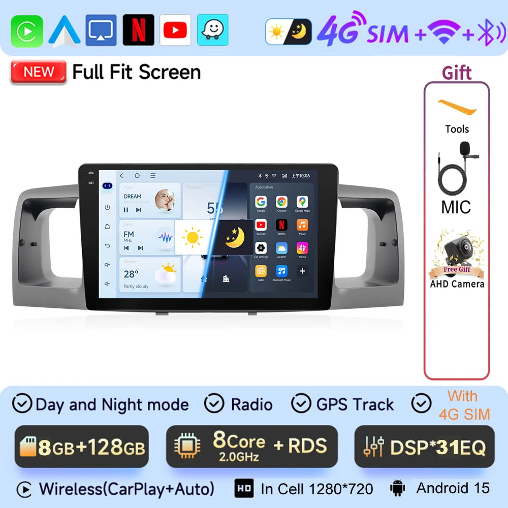 JIUYIN 9“ Android 15 Car Radio Stereo For Toyota Corolla E120 E130 2007-2012 Multimedia Player Navigation GPS Wireless Carplay