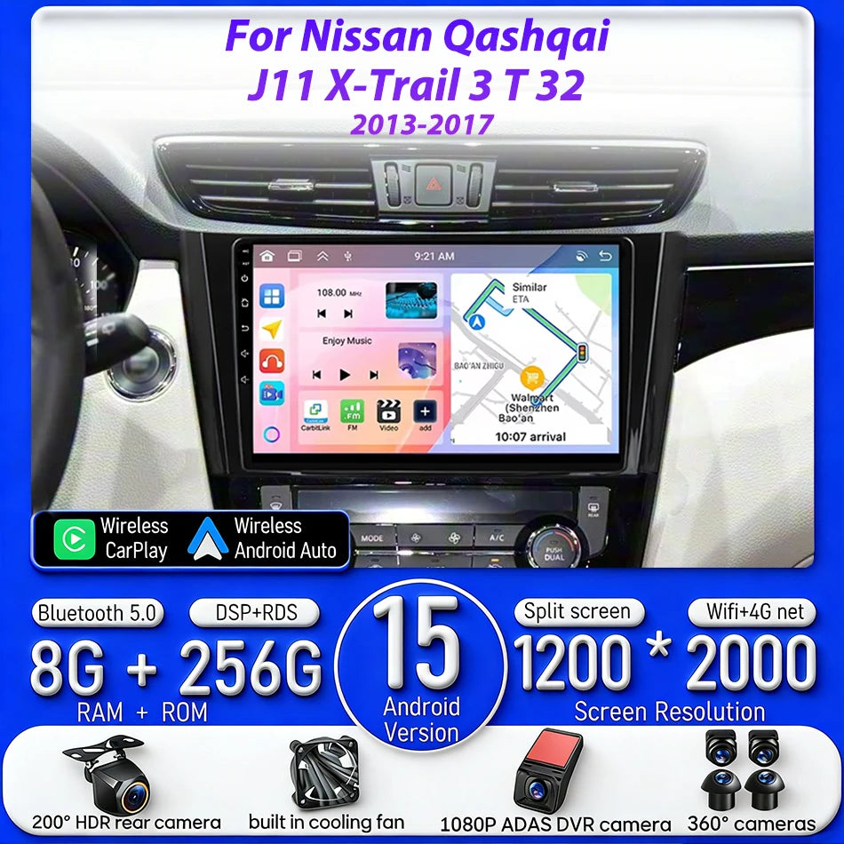 For Nissan Qashqai J11 X-Trail 3 T 32 2013 - 2017 Android 15 Car Multimedia Video CarPlay Auto Navigation GPS Radio Head Unit