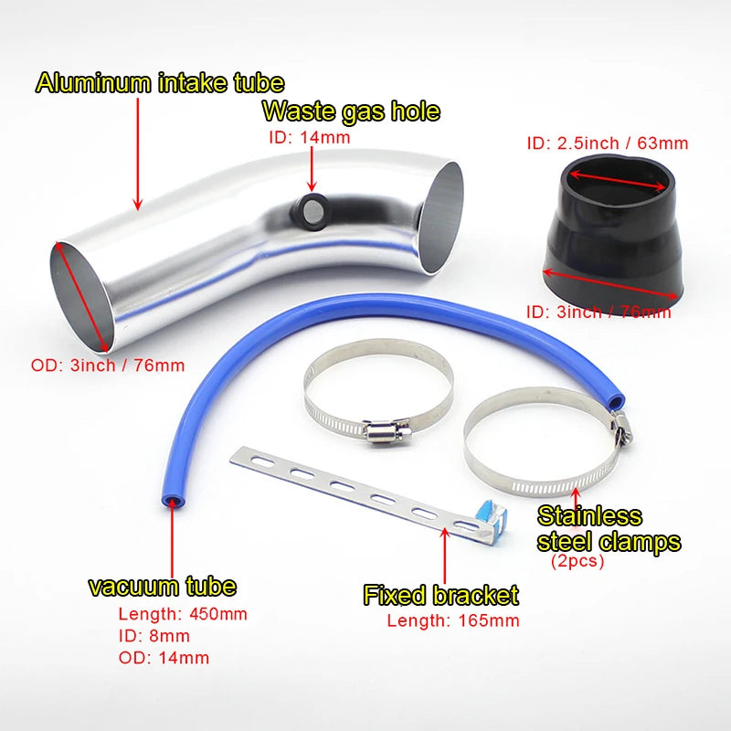 3"  76mm Universal Car Racing Cold Air Intake System Turbo Induction Pipe Tube Kit Cone High Flow Performace Air Filter Inlet