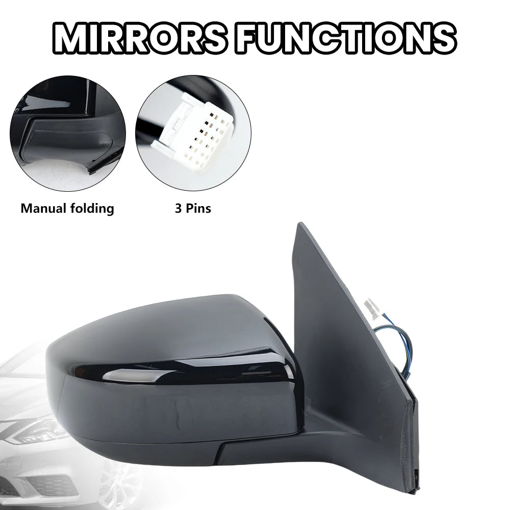 3 Pins Wing Side Mirror Assembly For Nissan Sentra 2013 2014 2015 2016-2019 Black Manual Folding Wing Mirror Car Accessories