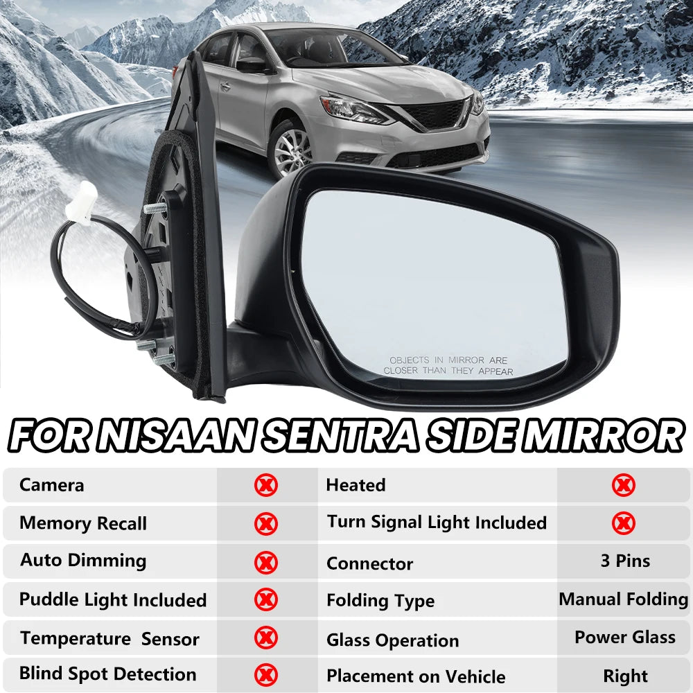 3 Pins Wing Side Mirror Assembly For Nissan Sentra 2013 2014 2015 2016-2019 Black Manual Folding Wing Mirror Car Accessories
