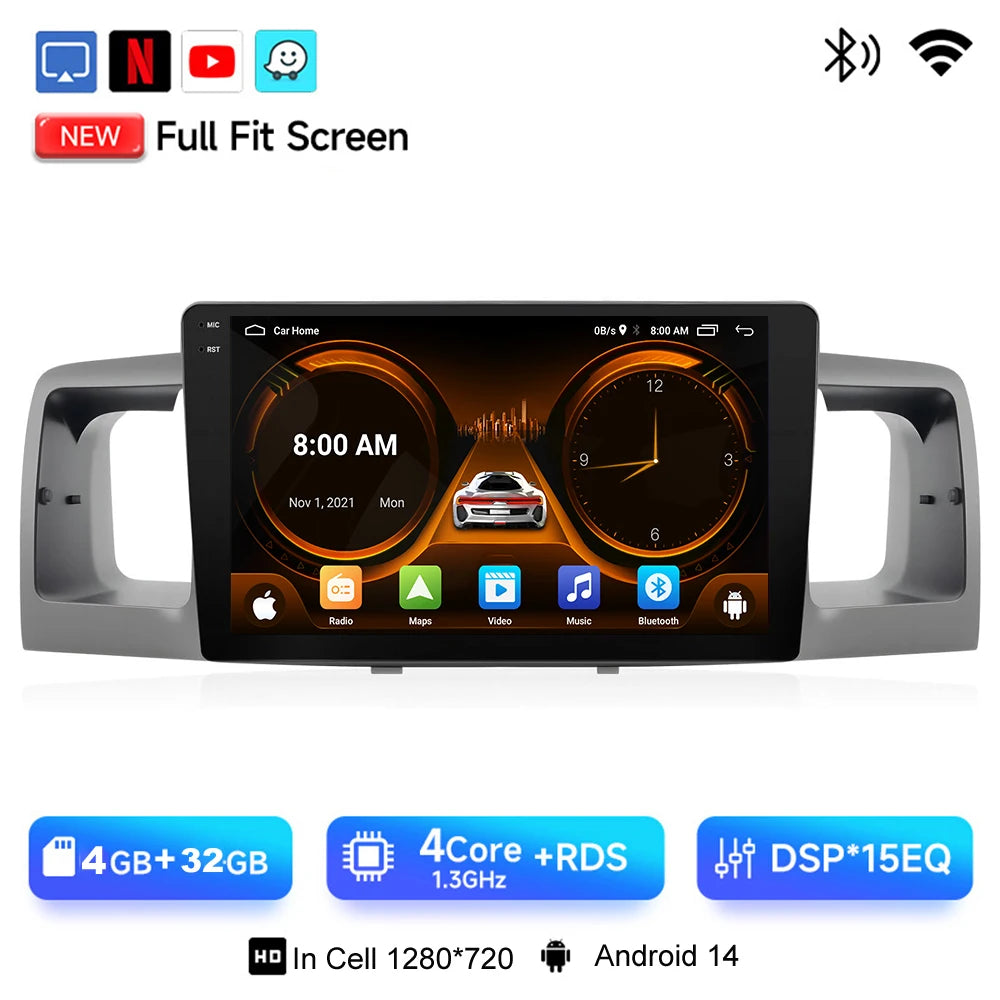 JIUYIN 9“ Android 15 Car Radio Stereo For Toyota Corolla E120 E130 2007-2012 Multimedia Player Navigation GPS Wireless Carplay