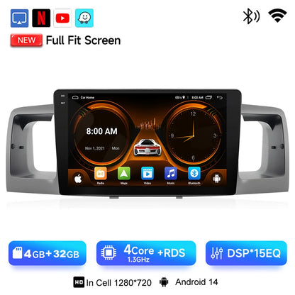 JIUYIN 9“ Android 15 Car Radio Stereo For Toyota Corolla E120 E130 2007-2012 Multimedia Player Navigation GPS Wireless Carplay