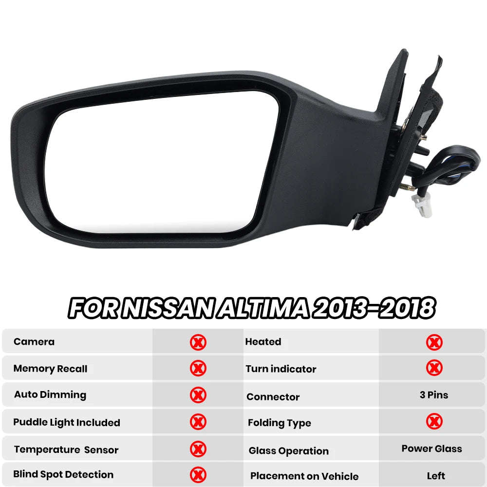 3 Pins Side Mirror Assembly For Nissan Altima 2013 2014 2015 2016-2018 US Version Non-Foldable Rearview Mirror Car Accessories